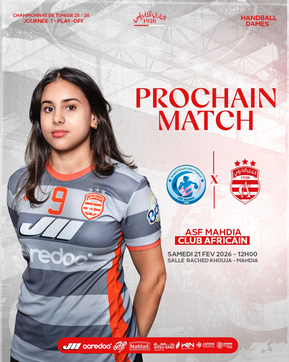 clubafricain's tweet photo. 🇦🇹  𝙋𝙍𝙊𝘾𝙃𝘼𝙄𝙉 𝙈𝘼𝙏𝘾𝙃 🤾🏼‍♀️
🆚 | A. S. F. Mahdia 
🕛 | 12H - Samedi 21 Fevrier 2026 
🏟 | Salle Rached Khouja - Mahdia 
🏆 | Championnat Handball dames - Play-Off - Journée 01

#CAhand #Until_the_last_breath https://t.co/pcGHHbR2Rd