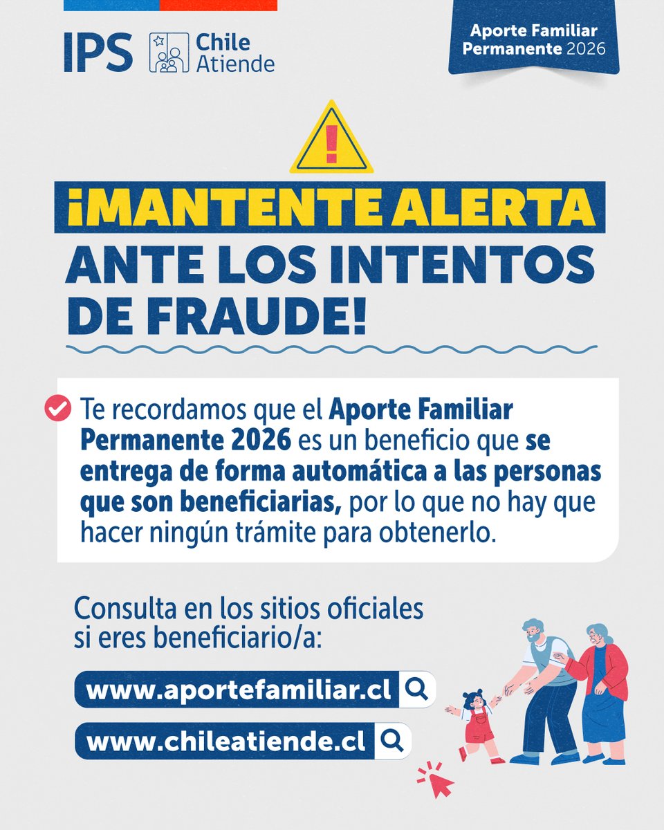 📢¡Evita fraudes!
👀El #AporteFamiliarPermanente 2026 es un beneficio estatal que se entrega automáticamente a quienes tienen derecho.
👉Si te llaman o escriben pidiéndote contraseñas o que presiones enlaces para obtenerlo ¡❌NO lo hagas❌!
🔎Infórmate en: aportefamiliar.cl