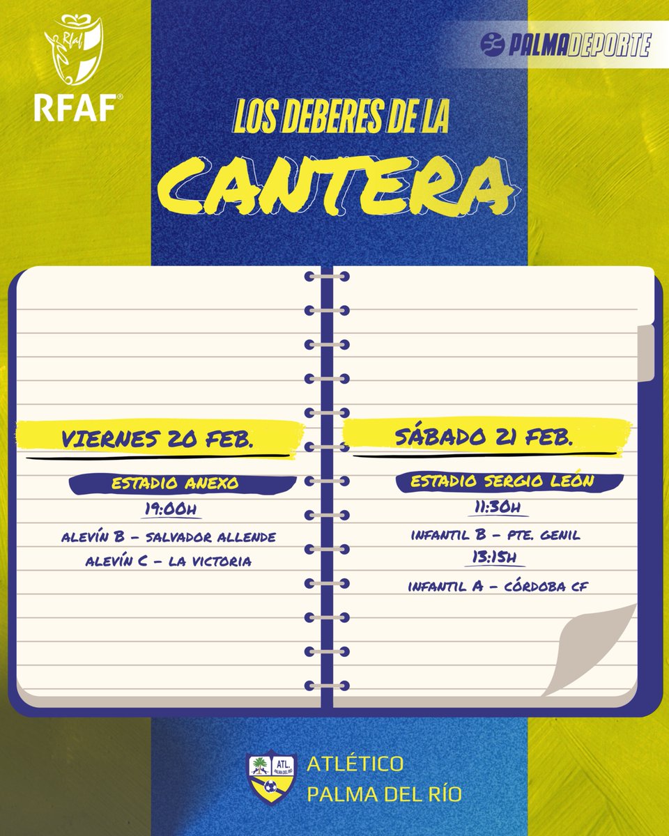 AtcoPalmadelRio's tweet photo. 📚 𝐋𝐨𝐬 𝐝𝐞𝐛𝐞𝐫𝐞𝐬 𝐝𝐞 𝐥𝐚 𝐜𝐚𝐧𝐭𝐞𝐫𝐚 💛

Nuestra #CanteraAmarilla vuelve al verde con doble cita este fin de semana. Trabajo, ilusión y mucho amarillo y azul defendiendo el escudo 🟡🔵

💛 ¡Os esperamos en la grada!

#CanteraAmarilla #AmarilloYAzul 🟡🔵 https://t.co/qZG85L0tnX