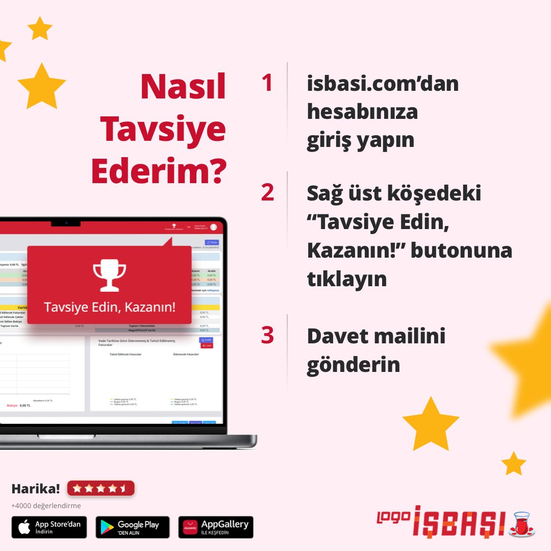 🎁Logo İşbaşı’nı Tavsiye Edin Kazanın!🎁
 
 🌟Tavsiye et kazan özelliği ile Logo İşbaşı’nı tavsiye ettiğiniz kişi veya kişiler gönderilen davet linki üzerinden ihtiyacına uygun pakette yıllık abonelik başlattığında %20 daha az öderken sizler de Logo İşbaşı yıllık paketlerinde