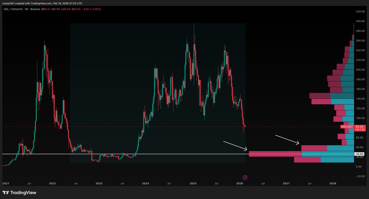 SOL

Between $120 and $43 there’s a low volume support

You start see real volume support at $43 down to $20

The strongest looks around $30
