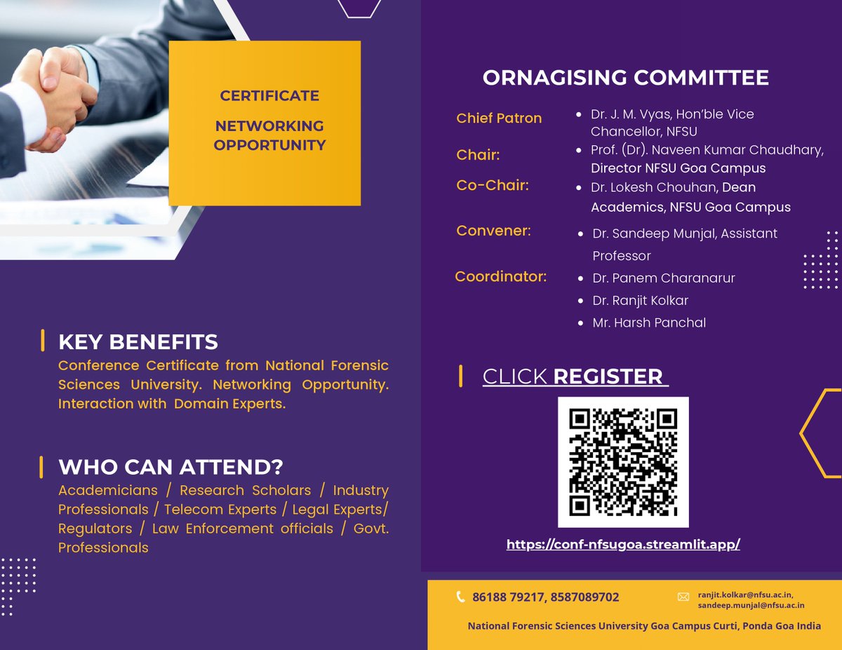 NFSU Goa is organising one day conference in hybrid mode on ‘Telecom-Enabled Frauds Mapping &amp; Mitigation’ on 07 Mar 2026 , at NFSU Goa Campus, Curti, Ponda. Call for Papers for Oral &amp; Poster Presentations is open till 28 Feb 2026. The selected papers will be published in NFSU