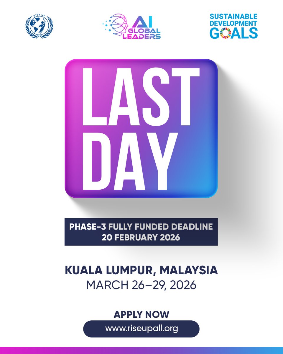 riseupall_org's tweet photo. 🚨 Final Call: Applications Close Today — AGL 2026

This is your last opportunity to step into a global room of emerging leaders, innovators, and changemakers at AGL 2026.
If you have been considering applying, this is the moment.
No extensions. No second round. https://t.co/vQPTDi3MD8