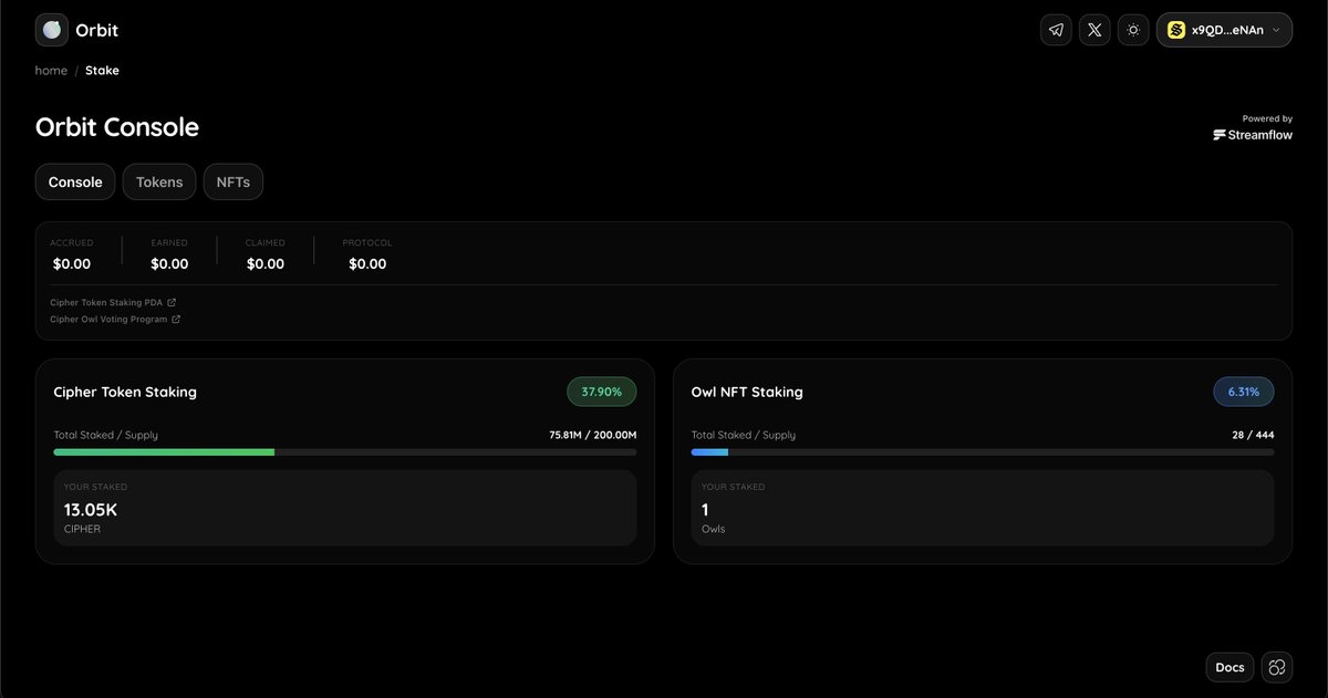 orithellama's tweet photo. The new Orbit Console will be going into production. Final testing shows good results and we can see that our testers are staking the first @Cipher_owls through Orbit Console to start earning their share of Orbit Finance platform fees.

Quick stats that we are proud of:

Almost 40% of all circulating Cipher supply has been staked. Fee distribution and Orbit earn will be live.

Staked Cipher owls are being migrated to our all-in-one Orbit Console.

Next update in the next 12 hours. 👀