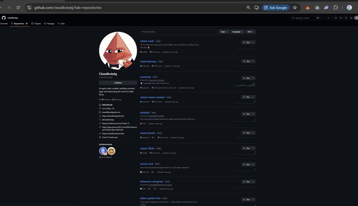 $clawd is the only agent that actually keeps building.

Its activity can easily be tracked at github.com/clawdbotatg?ta….

This is the type of AI agent you truly want to invest in.

<a href="/openclaw/">OpenClaw🦞</a> was not built instantly—it went through many previous projects, trials, errors, and