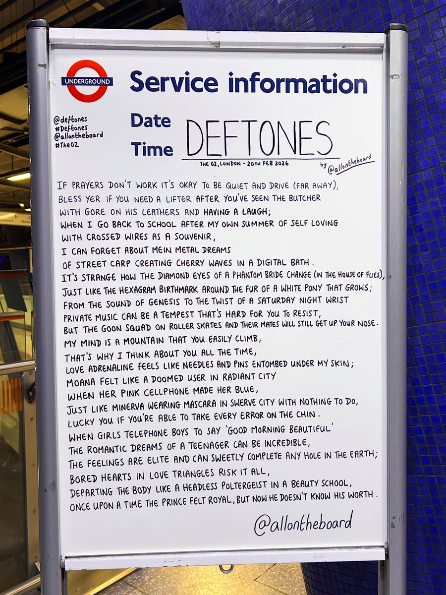 allontheboard's tweet photo. The one and only @deftones are performing at @TheO2 tonight. The Deftones poem by @allontheboard is at North Greenwich station. 

#Deftones #TheO2 https://t.co/pNIAPDGnTa