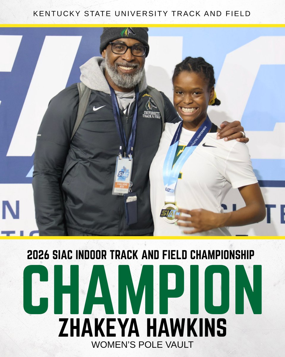 KYSUAthletics's tweet photo. ITF | Not only did Zhakeya Hawkins set the new meet record at the SIAC Indoor Track and Field Championship. She woke up a SIAC Champion in the women's pole vault. 

#KSUTrackandField https://t.co/9F4ZmyN265