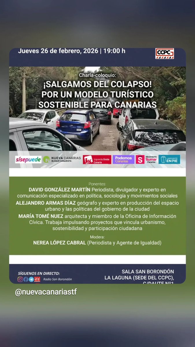📢 Encuentro abierto ¡te esperamos!

¿Hay alternativa? Sí. Y vamos a debatirla. ¿Dónde? 👇

📢 “¡Salgamos del colapso!”
🗓 26 febrero | 🕖 19:00h
📍 La Laguna (CCPC)
🎥 Streaming <a href="/RSanBorondon/">Radio San Borondón</a>