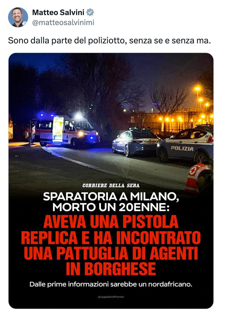 🇮🇹Logoredo-Milano.
Il populista Salvini:"Sto con lui, senza se e senza ma."

Ora emergono particolari inquietanti dalle indagini sull'agente che ha sparato e sui poliziotti coinvolti: omissione di soccorso, favoreggiamento, depistaggio, regolazione di conti.

#Salvini tace.