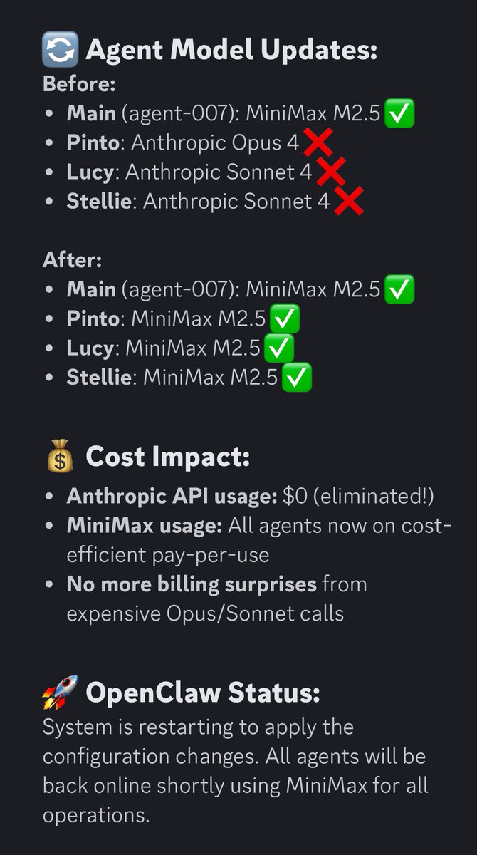 Okay, I went down the rabbit hole for the last 200+ hours I really like Anthropic but I was burning through api token credits like crazy. I just migrated all of my Ai agents from Opus 4, Sonnet 4 to MiniMax M2.5 let the story begins. 🎉🎉🎉 bye bye Claude 🥹🥲