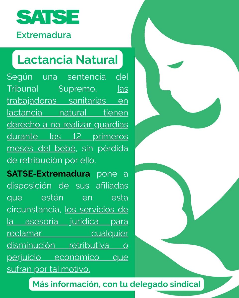 S_Extremadura's tweet photo. 🟢SATSE Informa 

#LACTANCIA NATURAL   #enfermera #fisioterapeuta

Ponte en contacto con las secciones sindicales de SATSE-Extremadura, para estudiar tu situación personal, e iniciar las posibles reclamaciones administrativas o judiciales a través de nuestros servicios jurídicos https://t.co/m3ighNv2ey
