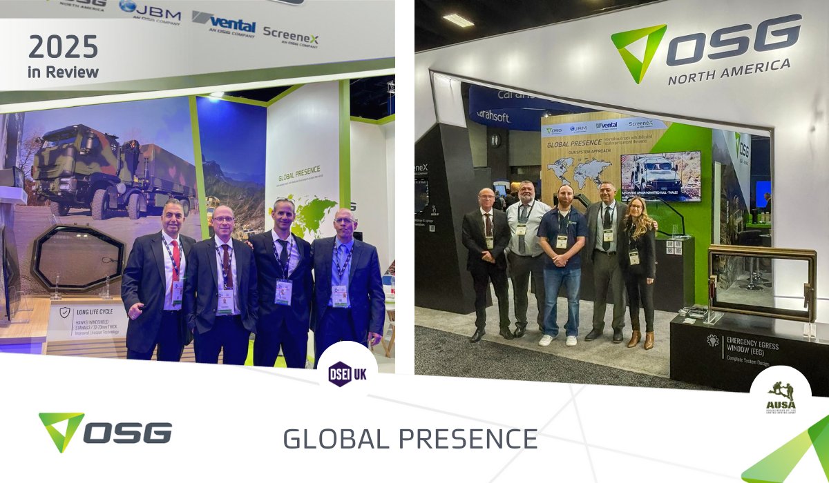 OSGSafetyGlass's tweet image. In 2025, OSG showcased advanced glazing and transparent armor at DSEI and AUSA, connecting with global defense partners. In 2026, we plan to double our presence at #Eurosatory, AUSA, #InnoTrans, and #APTA. More innovation. Greater reach.