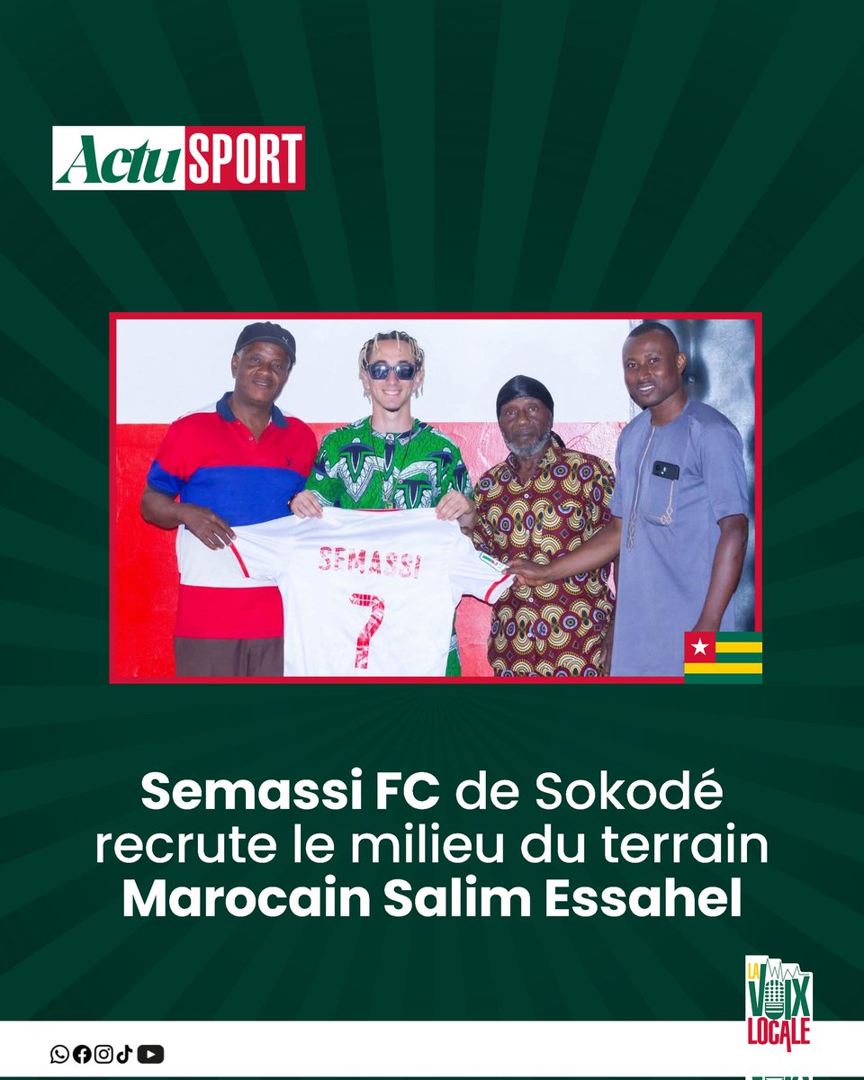 Voixlocale's tweet photo. Le #Semassi FC de #Sokodé renforce son milieu de terrain pour la phase retour de la D1 Lonato avec la signature de Salim Essahel. Formé au Wydad Athletic Club, le joueur de 26 ans a aussi évolué à l’Olympique Club de Khouribga et aux Émirats arabes unis.
#Togo #VoixLocale https://t.co/TbtgYUvgEy