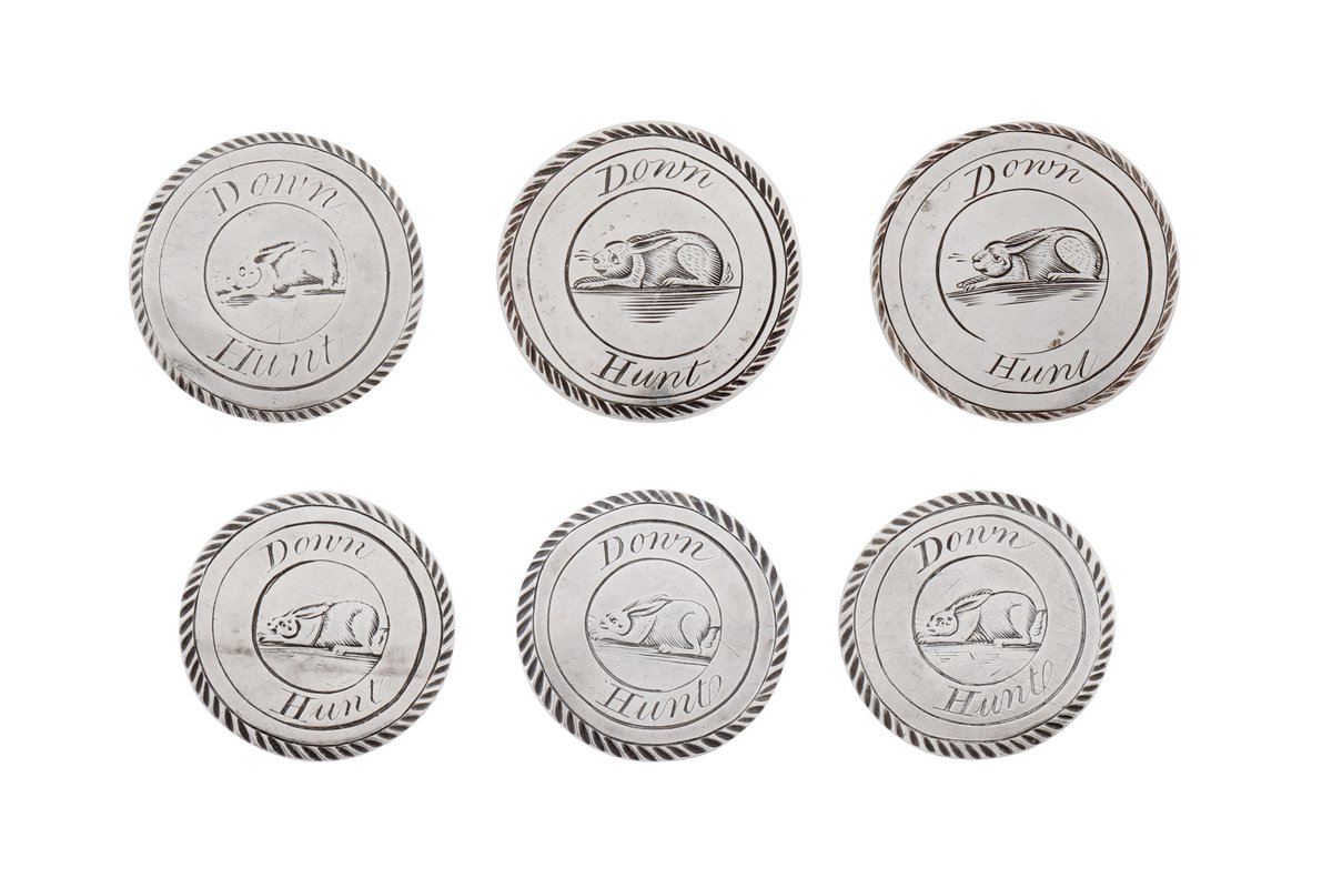 AeneasRyanQB's tweet photo. Browsing through the Chiswick Auctions website, these charming #DublinSilver buttons, associated with the Down Hunt were sold in 2024 for £529. 

Are the initials 'J.B.' on the reverse related to the maker or to the buttons' original owner? https://t.co/zqp5tZaodJ