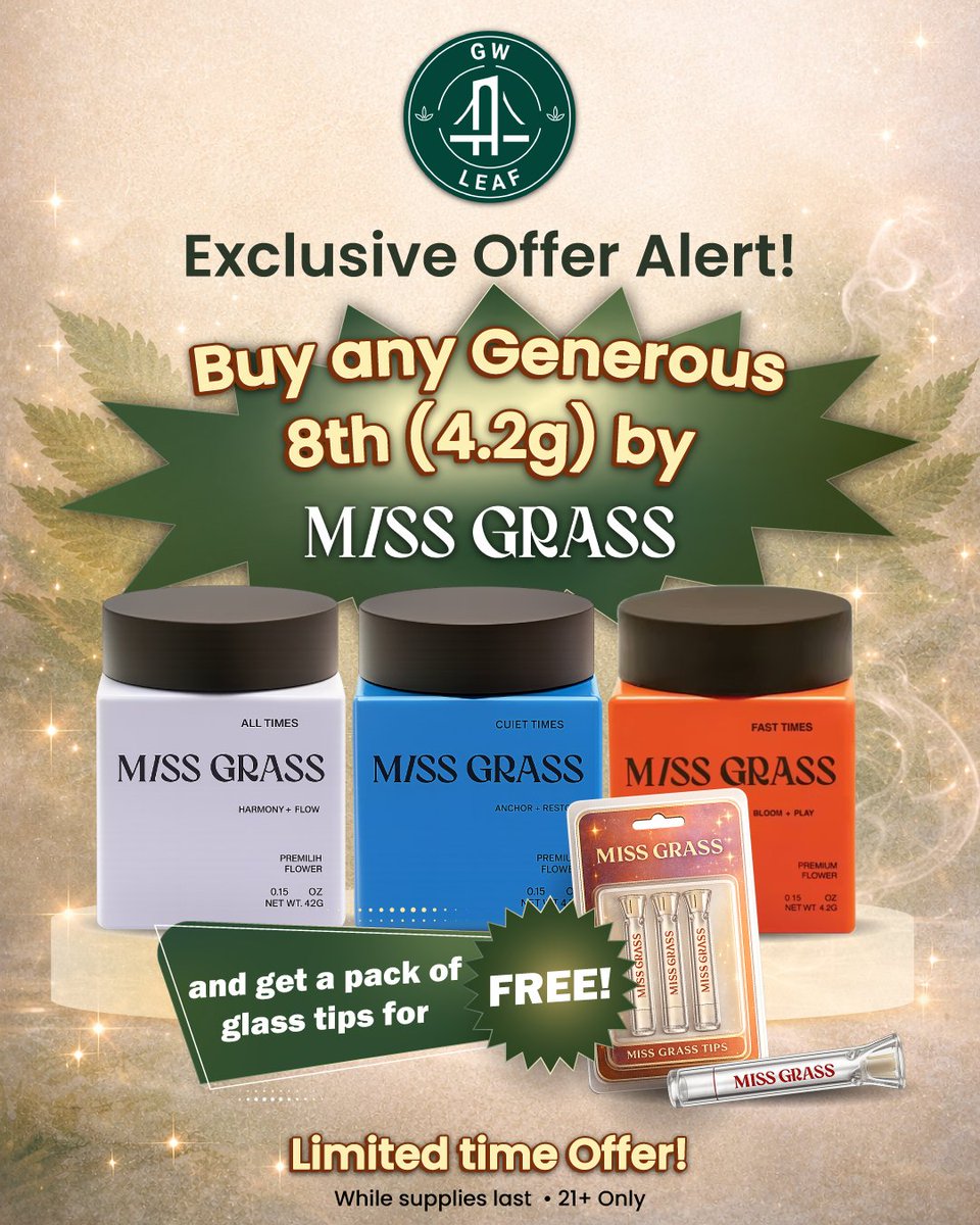 Indoor_nj's tweet image. 🔥 Exclusive Offer Alert! 🔥

Buy any Generous 8th (4.2g) by M/SS GRASS and score a FREE pack of glass tips 💚✨

Premium flower. Premium perks. 🌿 Hurry—limited time only while supplies last!

#MissGrass #ExclusiveOffer #Deals #DispensaryDeals #ElevatedLiving #fortlee #nj