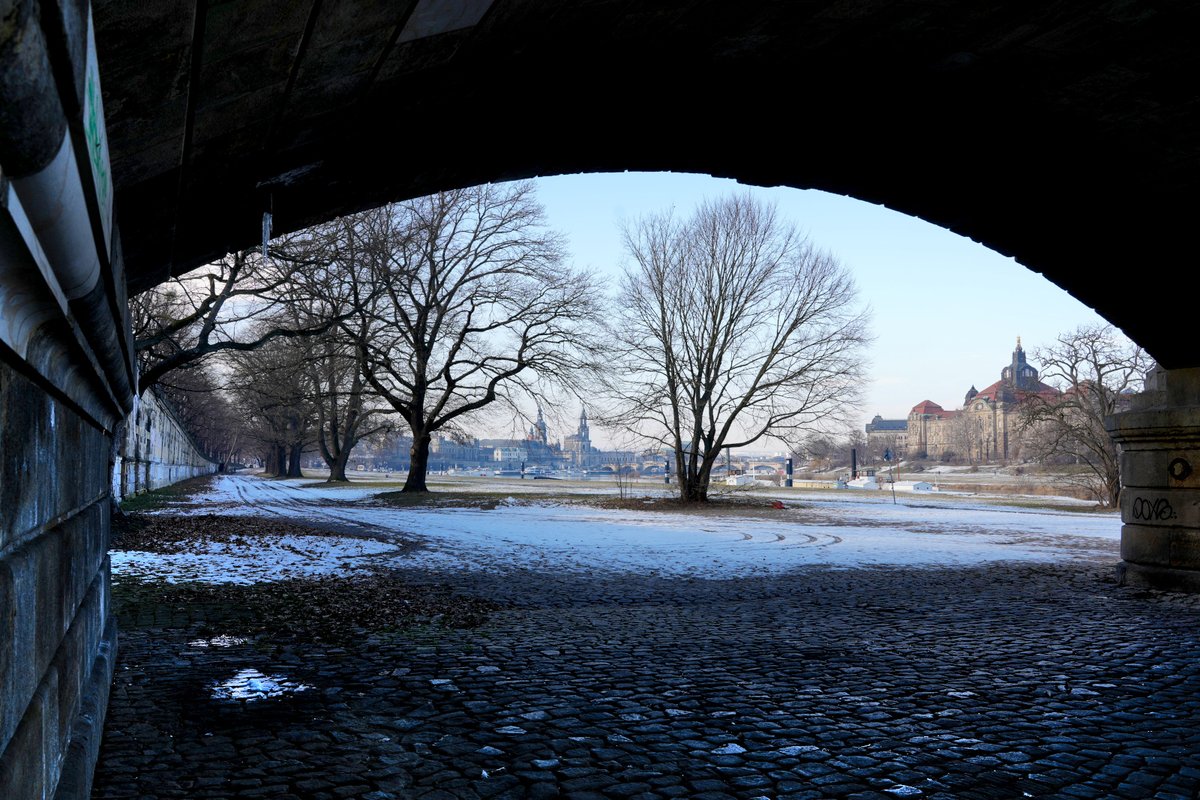 Zum wahrscheinlichen Abschied des Winters ein Bilderbuchwintertag. Blick von der Albertbrücke über die Fehlstelle der Carolabrücke auf das grandiose Panorama von Dresden.