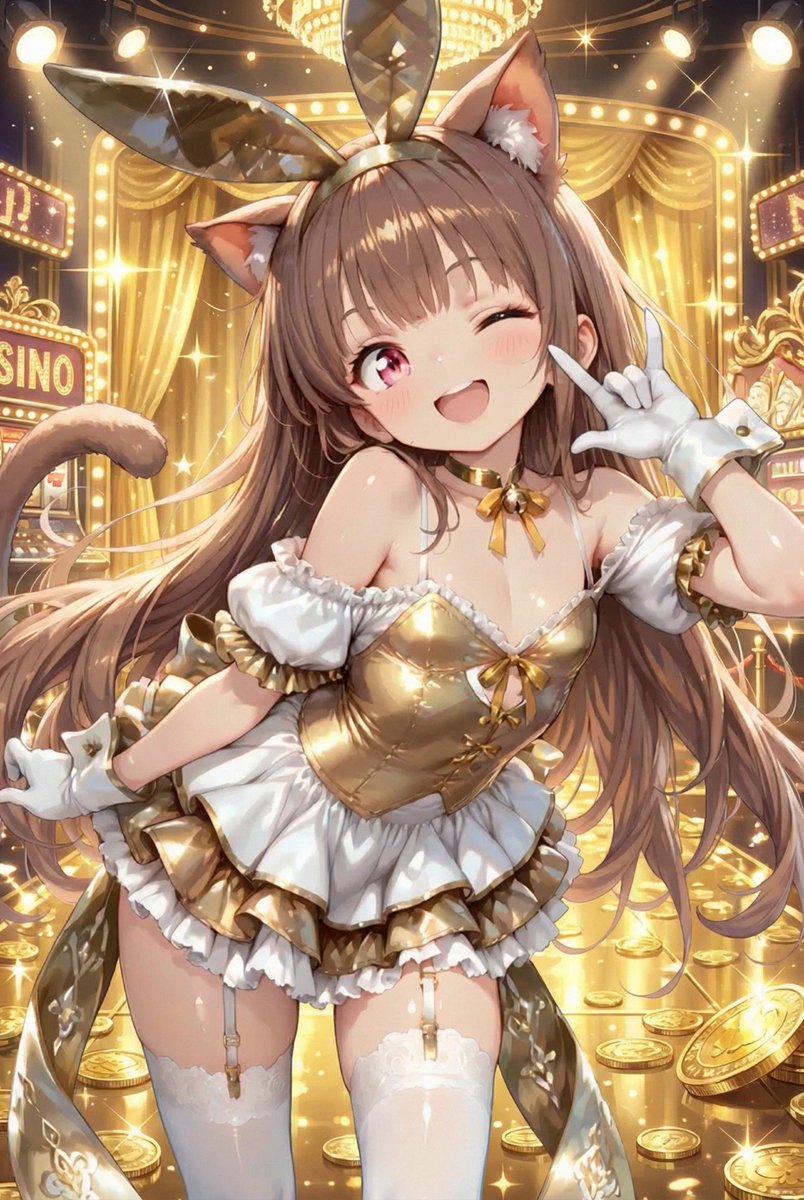 🐱ฅまだまだご参加募集中ฅ🐱
🌈 #AIなないろ猫むすめ 🐾
今日のテーマは――
🪙猫に小判(金ピカ財宝むすめ)💛

🐰金曜日お疲れ様ー✨
華金だから、カジノでバイト中♪
みんなも遊んでこっ？ 
※ロケ地：キッザ〇ア
#メロコ

ご参加は引用元のノエルくんの会場から🐨✨
SFW. No nudity, no suggestive