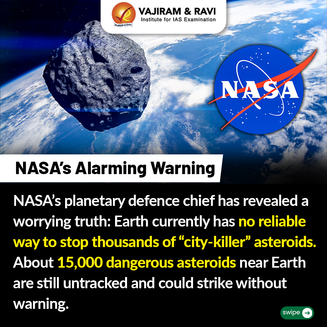 VajiramRavi's tweet photo. A senior NASA scientist has cautioned that there is currently no guaranteed way to stop an Earth-bound asteroid of around 15,000 feet from striking our planet.
#NASA #PlanetaryDefense #CosmicRisks  #ScienceNews #Astronomy #SpaceExploration #GlobalScience #DisasterRisk https://t.co/muybeaGb1d