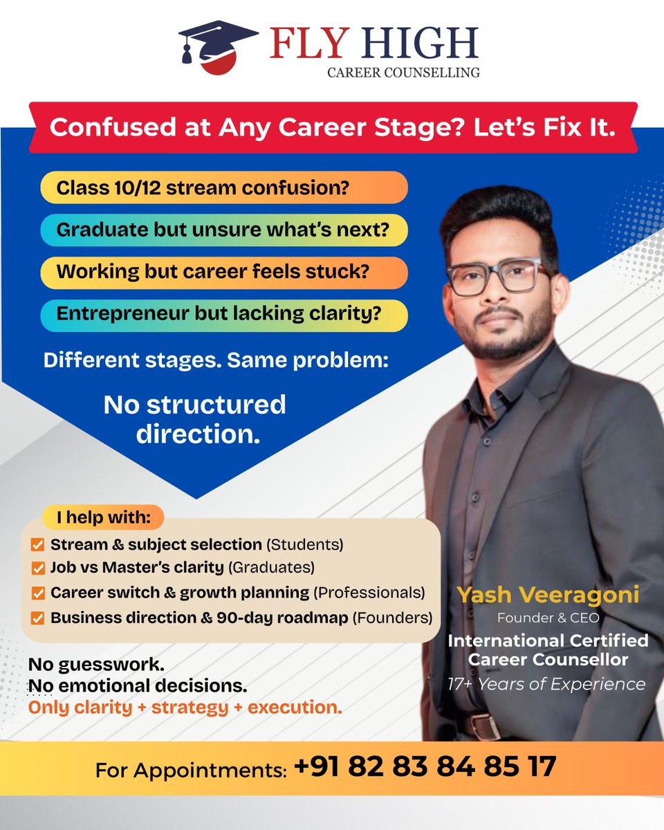 FlyHighVisas's tweet photo. Choosing the right stream, degree, or career path is not guesswork. It requires structured guidance, assessment, and real-world experience.
Career counselling sessions with Mr. Yash Veeragoni, Internationally Certified Career Counsellor.
@yashveeragoni https://t.co/GZ8fPEiGYp