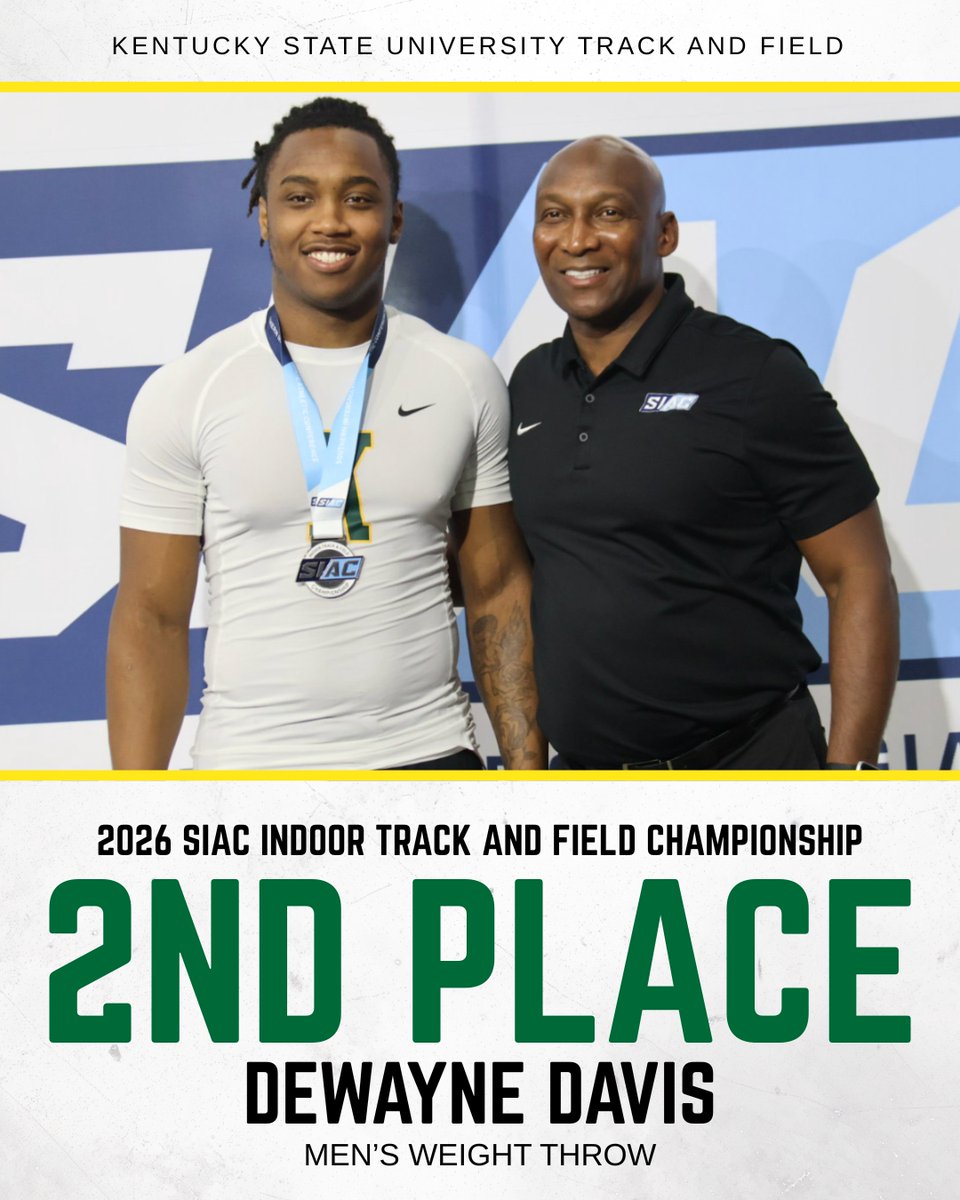 KYSUAthletics's tweet photo. ITF | Dewayne Davis secured a second-place finish in the men’s weight throw, earning a spot on the podium and adding to Kentucky State’s strong start in the opening day of SIAC Indoor Track and Field Championships.

#KSUTrackandField https://t.co/1uErosx1p7