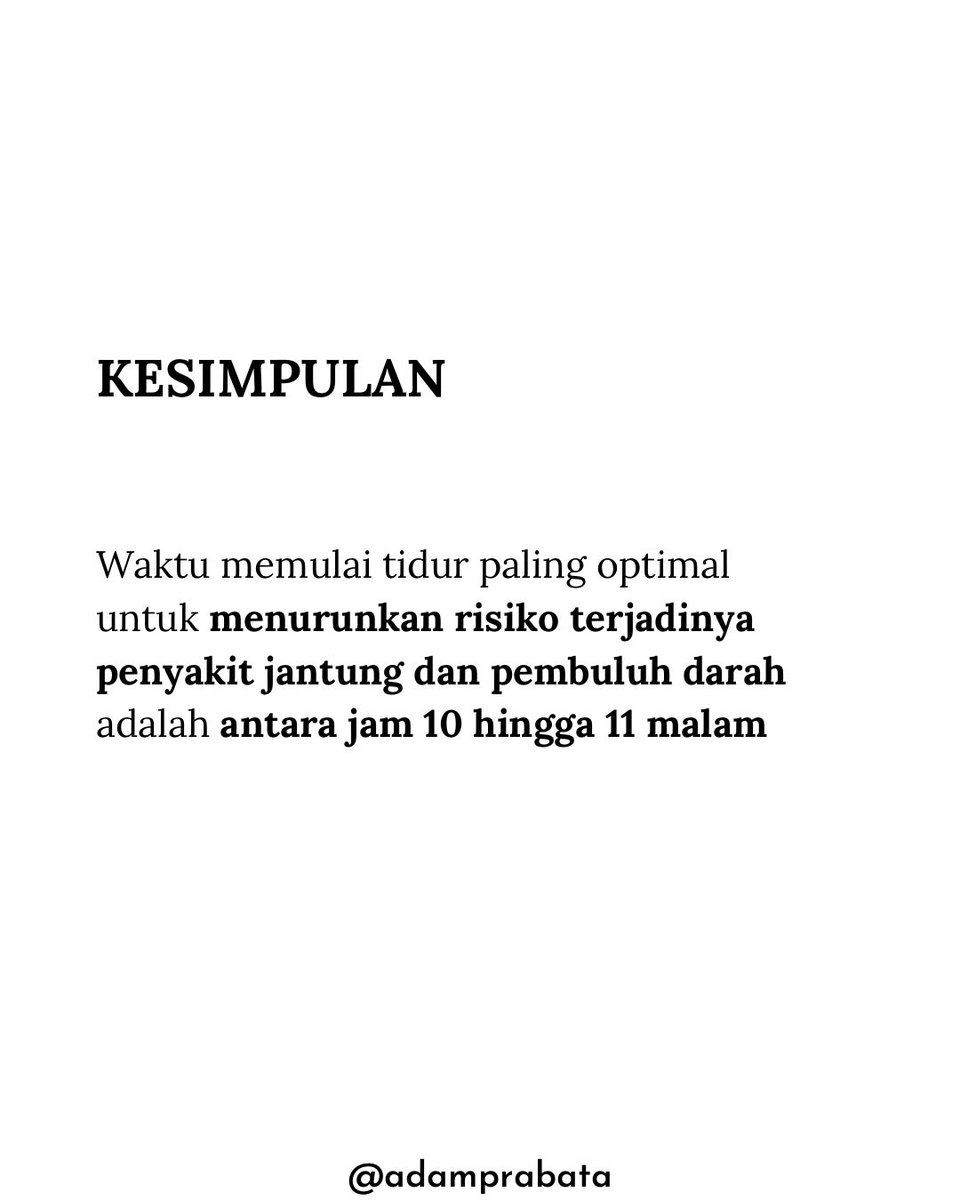 Ternyata tidak hanya cuma durasi tidur yang penting, tapi jam berapa kalian mulai tidur juga bisa tentukan risiko penyakit jantung! 

Penelitian skala besar di Inggris dengan 103.712 partisipan menemukan fakta menarik antara lain:
 -Orang yang mulai tidur antara jam 10–11 malam