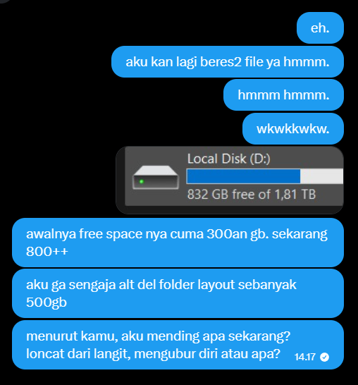 SudutRupa's tweet photo. help repost? thank you! #zonauang
guys. yang punya kenalan bisa recovery file yang abis delete permanen (alt + delete) di windows, tolong kasih tau ya.

aku ga sengaja ngapus permanen 500GB file desain katalog req dan rs layout ku aokwkwkkw🤘🏻😭🤘🏻 https://t.co/4yTAPXXqKd