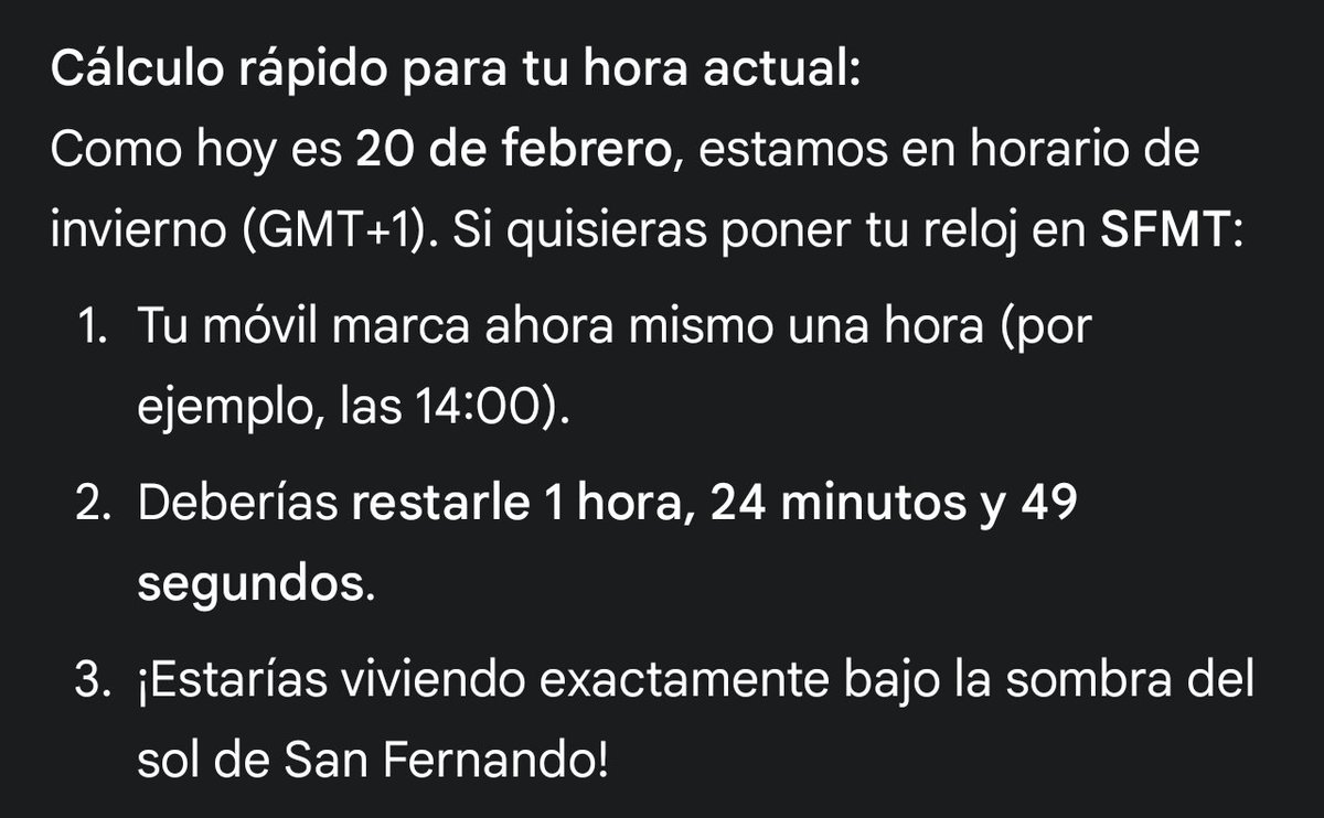 Necesito un reloj gigante en el centro de la Isla que marque el antiguo horario español, el de San Fernando.

A partir de hoy en esta casa el reloj de pared marcará la hora de San Fernando. La única que reconozco como oficial

Tu regere imperio fluctus Hispane memento 🫡🫡