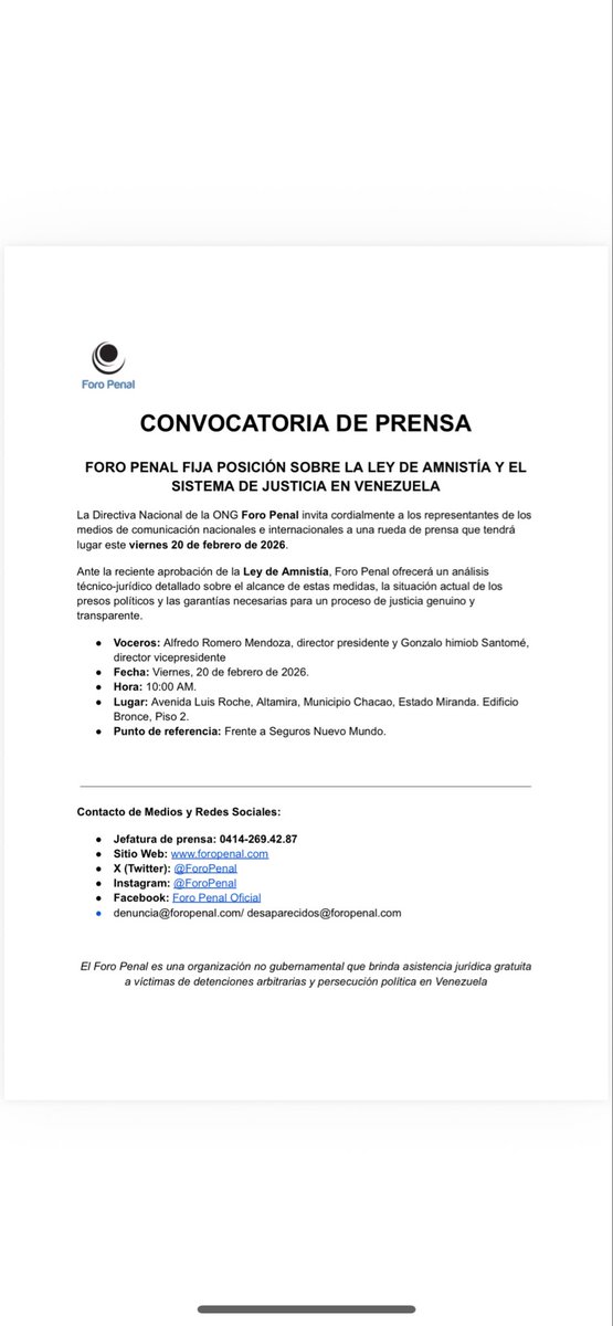 Rueda de prensa con el <a href="/ForoPenal/">Foro Penal</a>. Hablarán de la recién aprobada Ley de Amnistía. Esta organización goza de toda mi confianza porque está conformada por gente muy seria con una vocación insuperable.
