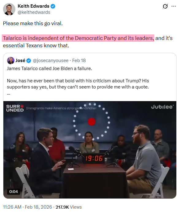 James Talarico's own surrogate is out here confirming what we've been saying for weeks: he's not a Democrat. We've been warning you. James Talarico is not a Democrat, and he's auditioning to be the next Fetterman. Believe people when they tell you who they are.