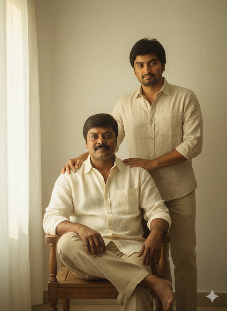 r4jjesh's tweet photo. Father - son prompt

1. Open Gemini / ChatGPT 
2. Upload your family image or separate images
3. Paste this prompt 

{
  "prompt": "Retro-style cinematic portrait of two men (father and son) indoors with a soft golden vintage tone. The father is seated on a simple chair near a plain wall with soft natural light coming through a white curtain, creating warm highlights and gentle shadows. The son stands or sits casually nearby, both looking natural, calm, and relaxed. Minimal retro-inspired outfits: linen shirts in beige, cream, or light earthy tones with simple trousers. Uncluttered background focusing on subtle wall texture and warm sunlight glow for an authentic retro atmosphere. Ensure 100% accurate face match using the uploaded reference photos of the father and son, preserving exact facial identity, skin texture, facial hair, and natural expressions. Shot like an old retro film photograph with nostalgic, cinematic, dreamy mood, soft film grain, shallow depth of field, 85mm lens look, ultra-realistic, high detail, 4K.",
  "size": "1024x1024"
}