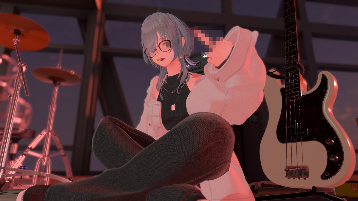 銀髪紅眼ウルフカット病み病みメイク耳出し片目メカクレメガネヤニカス肩出しパンクファッションあぐら座りフ〇ッキンミジンコモザイク中指ワイルドダウナーおねえさんベーシスト（呪文詠唱成功

#Fluctua3D