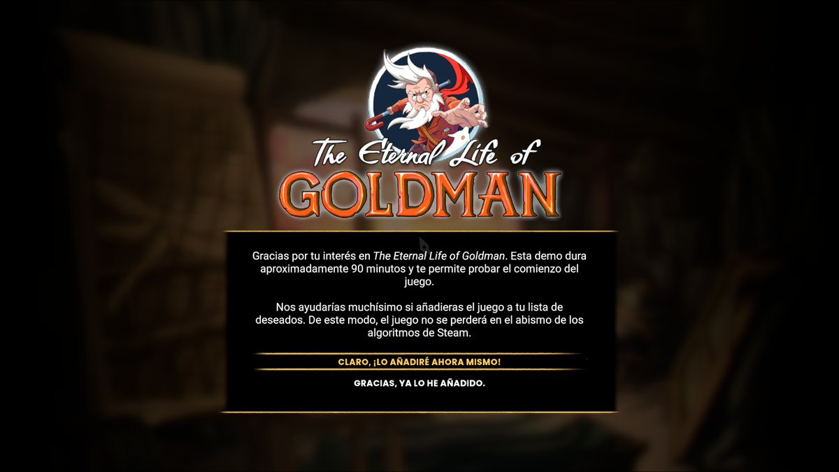 OnlyGerier's tweet photo. Acabo de jugar la demo de The Eternal Life of Goldman y este detalle me ha ENCANTADO:

Al abrir el juego, te aparece la típica recomendación de usar mando, pero te dicen que si no lo tienes, no pasa nada. "Te queremos igual". Y otro sobre añadirlo a tu whishlist para evitar que el juego caiga en el abismo del algoritmo de Steam.

No sé, son cositas aparentemente irrelevantes que, al menos conmigo, consiguen sacar el juego de esa "caja negra" y hacerlo más humano. Hay gente detrás. Siempre.

Es refrescante ver que, en una industria a veces saturada de marketing agresivo, todavía hay espacio para la honestidad y el cariño.

Las otras dos imágenes es para que veáis lo bonito que es el juego. Está dibujado a mano frame a frame. Fácilmente de lo más bonito del año.