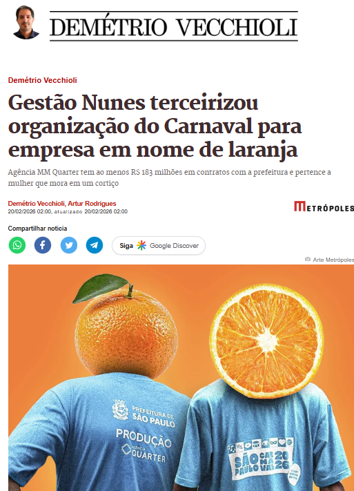 NabilBondukiSP's tweet photo. Gestão Nunes terceirizou organização do Carnaval para empresa em nome de laranja. Agência MM Quarter tem ao menos R$ 183 milhões em contratos com a prefeitura e pertence a mulher que mora em um cortiço. https://t.co/Mcu6hxcMyv