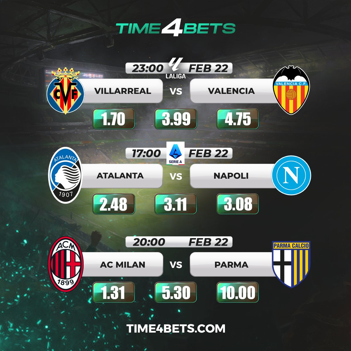 أكشن يوم مباريات كبير ⚠️ 

⚽️يشتعل الدوري الإسباني (لا ليغا) مع مواجهة فياريال vs فالنسيا في صراع على طموح القمة.🇪🇸

⚽️وفي سيري آ، يلتقي أتالانتا vs نابولي، بينما يواجه إيه سي ميلان vs بارما كالتشيو 1913.🇮🇹

#كرة_القدم #مراهنات_الكرة 

🌐Website: time4bets.com