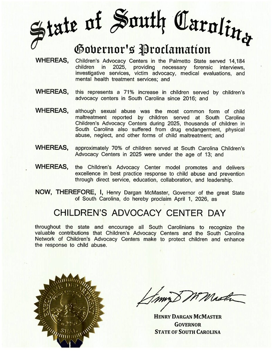 scncac's tweet photo. Governor McMaster has officially proclaimed April 1, 2026, as Children’s Advocacy Center (CAC) Day in South Carolina! Children’s Advocacy Centers provide vital support for children and families impacted by abuse. Learn more about CAC Day activities: https://t.co/0v9sBBSE7H https://t.co/a3PaoGToGR