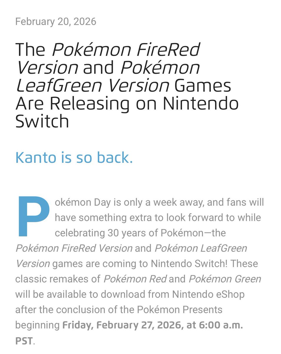 pokepullzhq's tweet photo. BREAKING NEWS 🚨🤯

Pokémon FireRed and Pokémon LeafGreen confirmed for Nintendo Switch!

These download-exclusive titles will be available after the Pokemon Presents presentation on Friday, February 27, 2026. https://t.co/Sw0ELnI2Bl