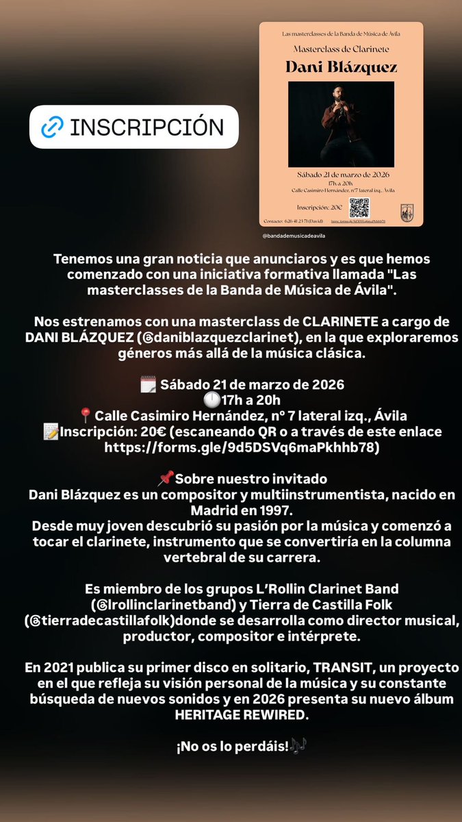 BandaDeAvila's tweet photo. ¡MASTERCLASS DE CLARINETE! ¡NO OS LO PERDÁIS! Inscripción aquí: https://t.co/V7FZV9112M https://t.co/LlxWURjfI7