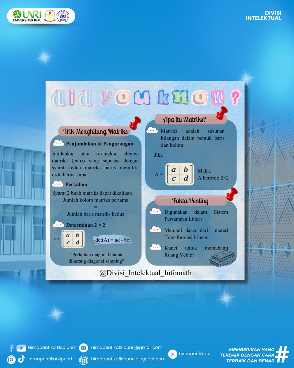 [𝐇𝐈𝐌𝐀𝐏𝐄𝐍𝐓𝐈𝐊𝐀 || 𝐈𝐍𝐅𝐎: 𝐌𝐄𝐍𝐆𝐄𝐍𝐀𝐋 𝐌𝐀𝐓𝐑𝐈𝐊𝐒 &amp; 𝐓𝐑𝐈𝐊 𝐂𝐄𝐏𝐀𝐓 𝐌𝐄𝐍𝐆𝐇𝐈𝐓𝐔𝐍𝐆] 
.
Assalamualaikum Warahmatullahi Wabarakatuh
Hidup Mahasiswa!
Salam Pendidikan, Jayalah! 
. 
Hallo Math Lovers 👋🏻
Cek Selengkapnya di instagram.com/p/DU-tlp_ATYp/…