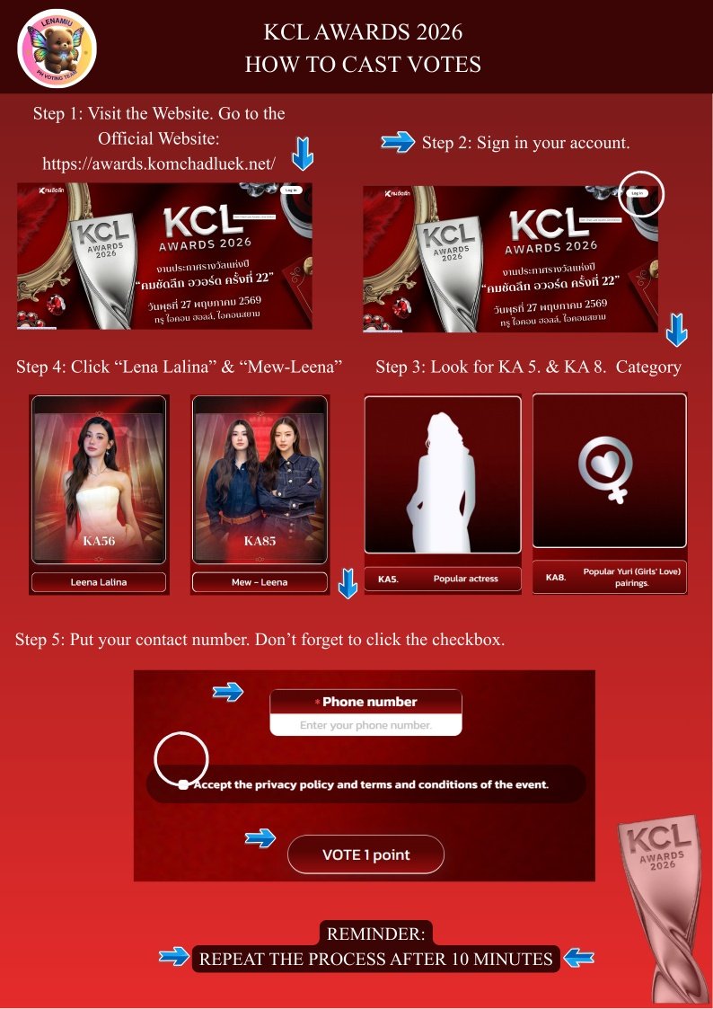 LMPHVoting's tweet photo. Good day, Filo/Inter Gumberbears, Lalinettes, and Miutopias!

If you don't know, LenaMiu are nominated at KCL under the category "Popular Yuri (Girls' Love) Pairing," and Lena is nominated under the category "Popular Actress."

What great news, isn’t it?

If you still don’t know how to cast your vote, you can check the picture below for guidance.

🏆KA85- Mew-Leena https://t.co/aApuF6rk7z
🏆KA56- Leena Lalina 
 https://t.co/VwO4Zl9K4L

#LenaMiu #ลีน่าหมิว