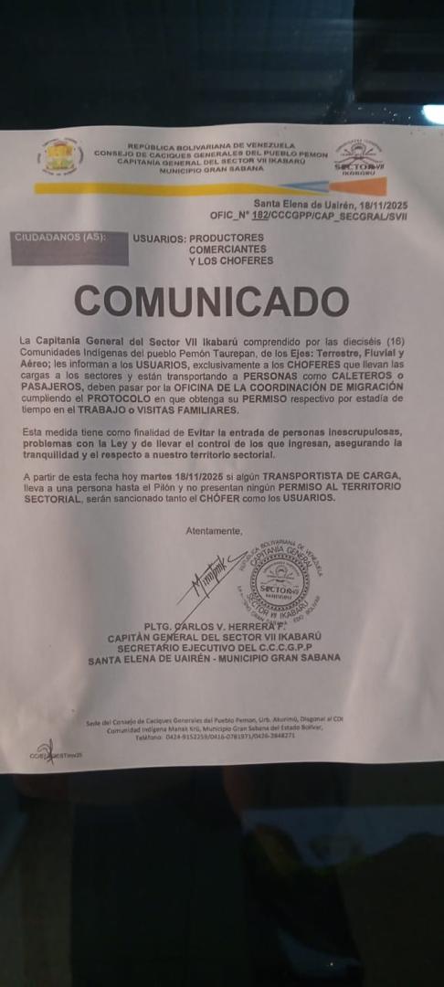 SOSOrinoco's tweet photo. ‼️ATENCION: SITUACIÓN EN LA GRAN SABANA

🔴El miércoles 18 de febrero, 2026 entre las 4:00 y 4:30 de la tarde 3 sujetos armadas ingresaron a la sede del Consejo de Caciques Generales del Pueblo Pemón, atacando y golpeando a 2 personas, la recepcionista y el ex capitán de Waramasen. 
🔴El capitán se defendió recibiendo un golpe fuerte en la cabeza. No se llevaron nada así que nuestra conclusión es que el ataque fue para intimidar a los capitanes! 
🔴Todo viene como consecuencia de la decisión del Consejo de Caciques Generales de cerrar las minas en Mayo. Los capitanes están aplicando la medida de restringir la entrada de personas foráneas a las minas ILEGALES! 

➡️En estos momentos, el pueblo indígena Pemon esta bajo el azote directo de los delincuentes que están en las minas del municipio Gran Sabana!
❌ Aprovechamos para recordarle a TODOS, que la minería es ILEGAL en Gran Sabana, en la Cuenca del Icabarú, dentro y fuera del PN CANAIMA