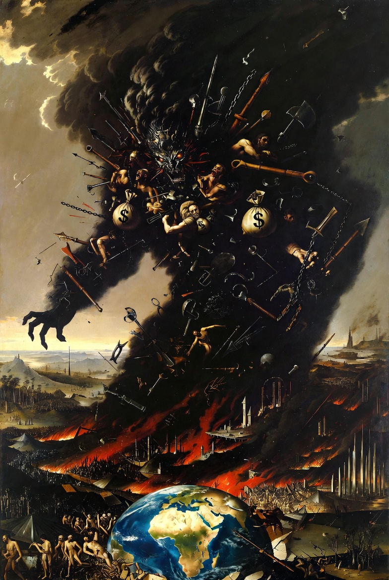 Grok Imagine prompt: oil painting depicting evil in the world