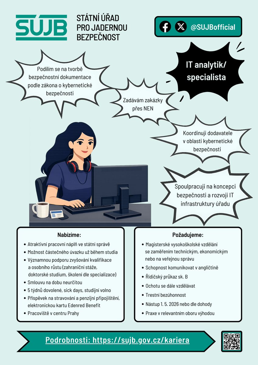 Baví Vás IT? Jste připraveni se naučit něco nového a zajímalo by Vás pracovat na SÚJB? Hledáme nového IT specialistu a budeme rádi, když posílíte naše řady. Výběrko je otevřené do 10. března 😉 #ZazařNaSÚJB
➡️ sujb.gov.cz/kariera