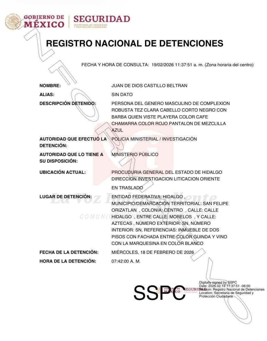 #NarcoGobierno 
Juan de Dios Castillo Beltrán, director del Registro Civil y Familiar del ayuntamiento de San Felipe Orizatlán, fue detenido por agentes de investigación y puesto bajo custodia de la <a href="/PGJE_Hidalgo/">Procuraduría General de Justicia de Hidalgo</a>