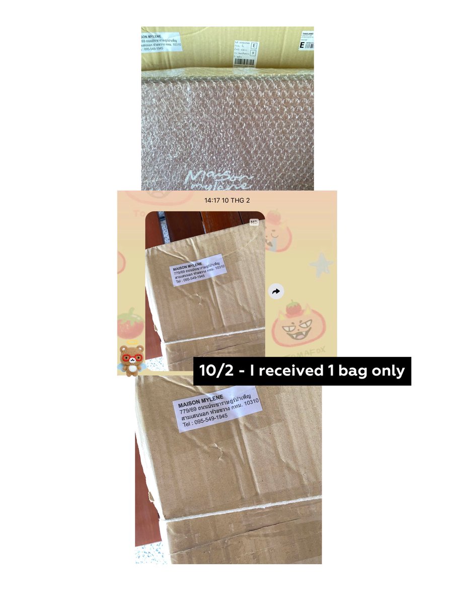 please help retweet 🙏🏻🙇🏻‍♀️

[TH]

ฉันขอเรียกคุณออกมาพูดตรง ๆ นะคะ <a href="/maison_mylene/">Maison Mylène</a> 
พฤติกรรมแบบนี้ทำให้ฉันรู้สึกเหมือนถูกหลอกลวงค่ะ

กิจกรรมจัดขึ้นตั้งแต่เดือนพฤศจิกายน แต่ตอนนี้เป็นเดือนกุมภาพันธ์แล้ว และฉันยังไม่ได้รับกระเป๋าครบตามออเดอร์เลยค่ะ
1. ครั้งแรก
