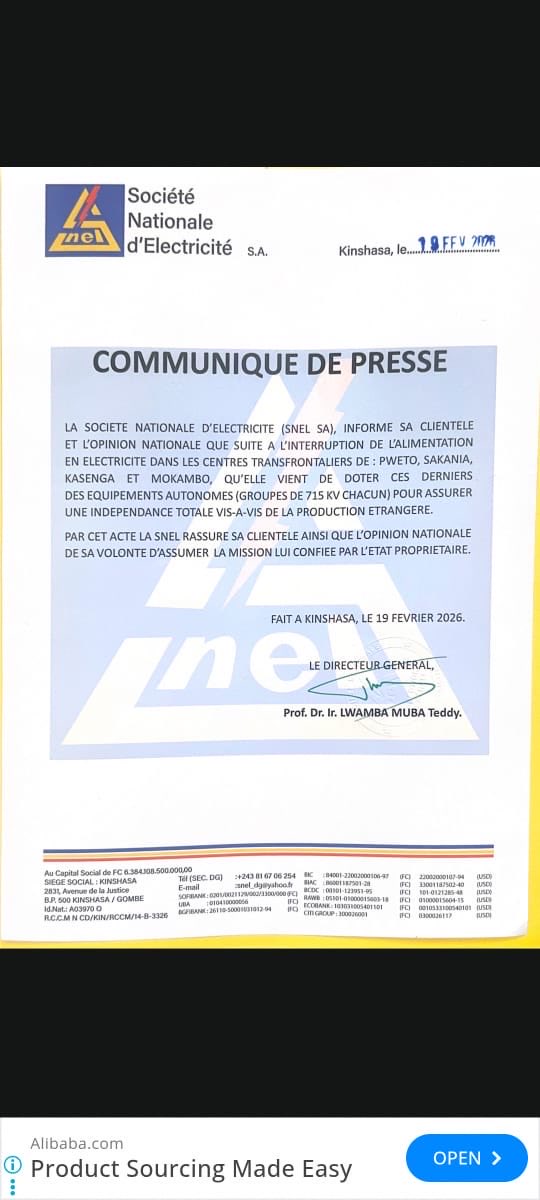 Rdcongo🇨🇩___: Coupure d'électricité par la Zambie dans les trois territoires du Haut-Katanga en République Démocratique du Congo à Sakania, Mpweto et Kasenga. La Société Nationale d'Électricité de la Rdcongo renforce des groupes électrogènes dans ces territoires pour assurer la