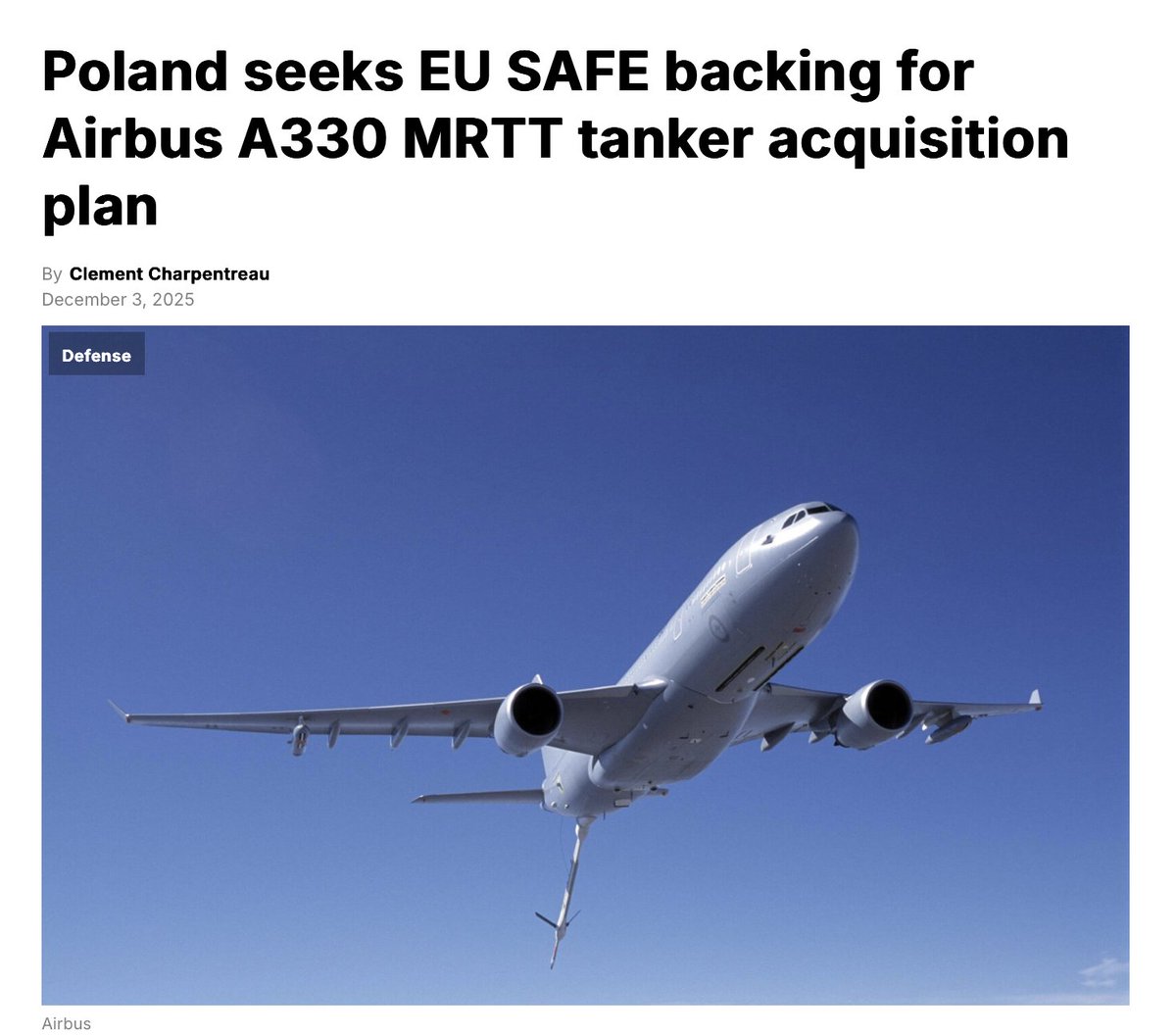Na pewno 1 mld € z polskiego #SAFE trafiłby do francusko‑niemieckiego konsorcjum Airbus za zakup 2–4 samolotów tankujących A330 MRTT. Zgodnie z zasadami SAFE, nie więcej niż 35% systemu może pochodzić spoza UE, co wyklucza pozaeuropejskie opcje, takie jak Boeing KC-46A i