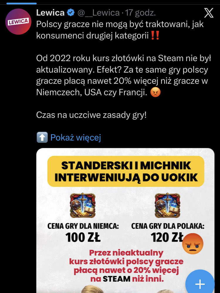 Lewica nie rozumie mężczyzn i walczy o niższe zarobki dla nich: mają nie zarabiać więcej od kobiet, mimo że dużo efektywniej  pracują.

Niższe zarobki mają im wynagrodzić tańsze gry komputerowe na Steam.

Proletariat 2.0
#dzieciNIEbędzie
<a href="/donaldtusk/">Donald Tusk</a> 
<a href="/KONFEDERACJA_/">Konfederacja</a> 
<a href="/RyszardPetru/">Ryszard Petru</a>