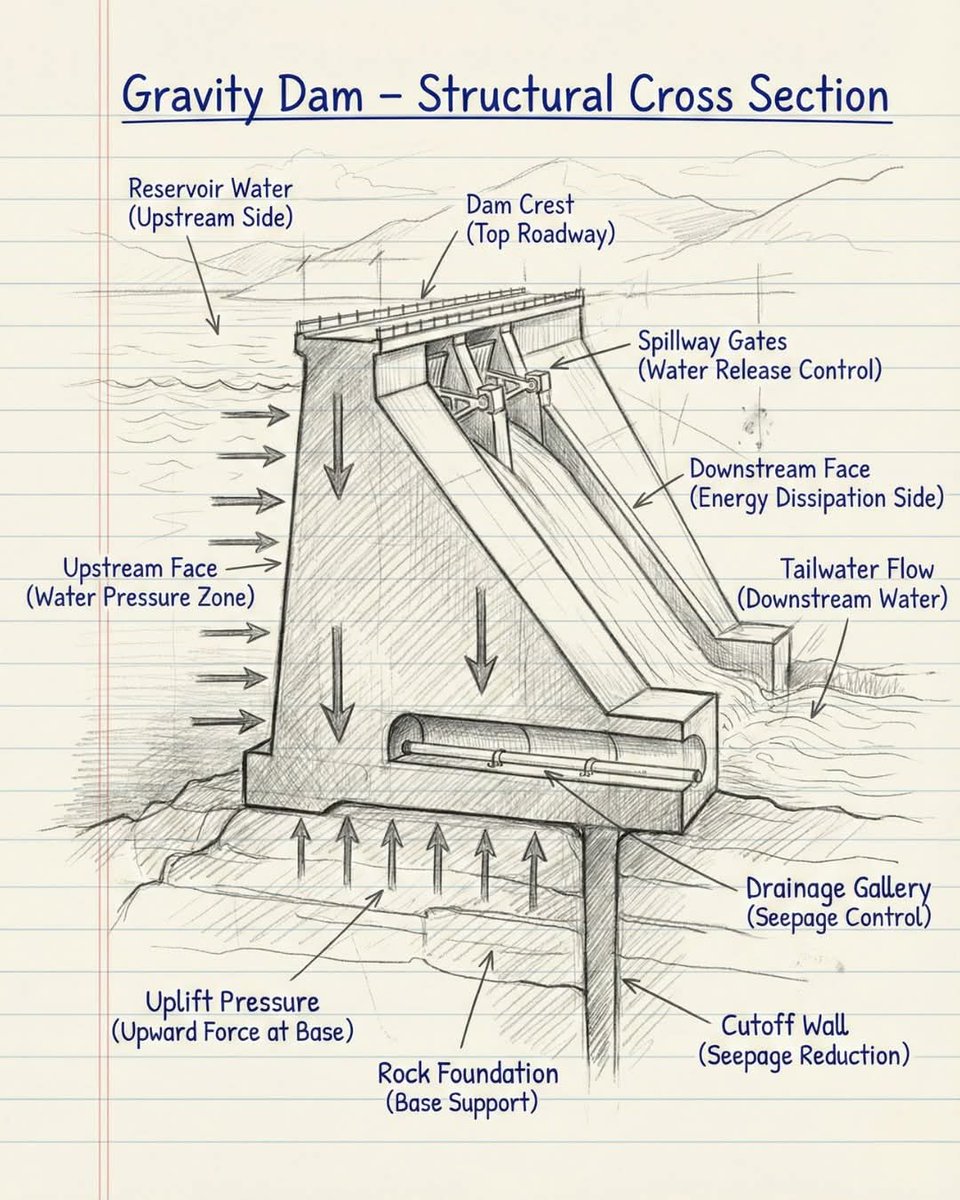 skglearning's tweet image. Gravity Dam – How It Resists Water Pressure

A gravity dam resists water using its own weight.
Upstream pressure pushes horizontally.
Uplift pressure acts upward at the base.
Drainage gallery and cutoff wall control seepage.
Mass + stability = safety.

#GravityDam #Hydraulic