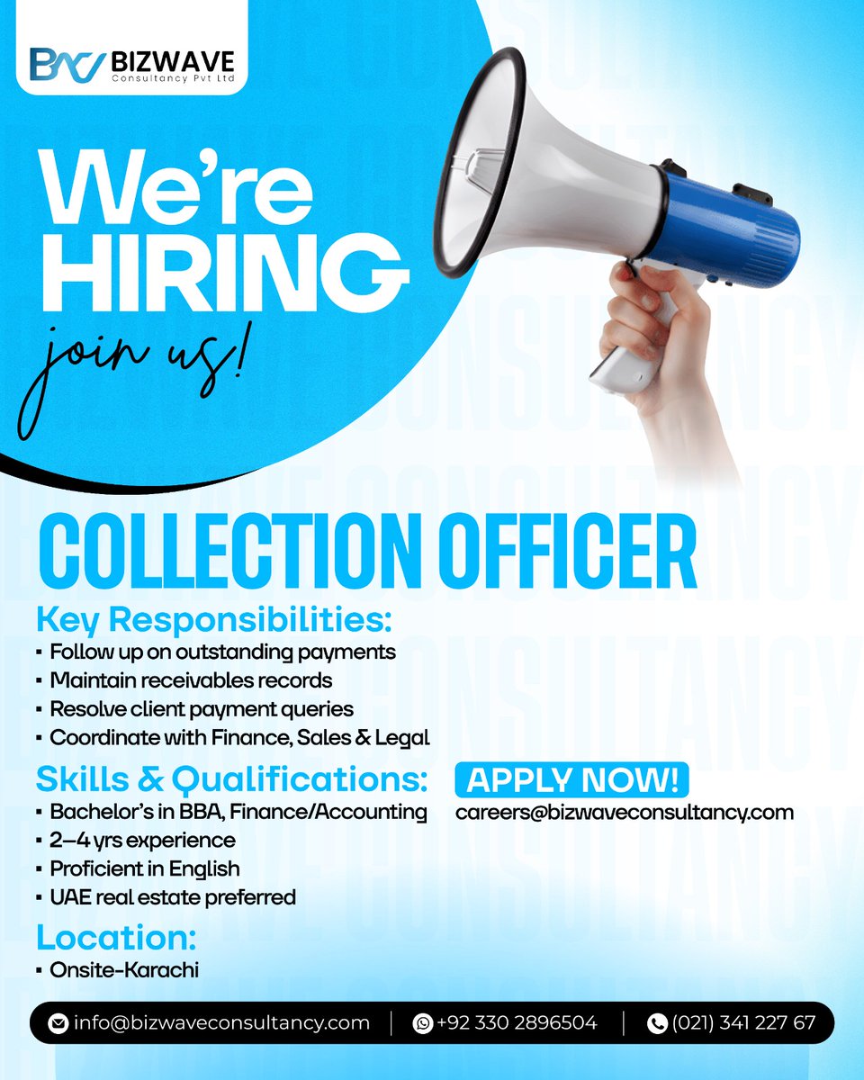 Bizwave_'s tweet photo. 🚨 We’re Hiring: Collection Officer 

📍 Location: Karachi- ONSITE

🏢 Company: BizWave Consultancy

BizWave Consultancy is a fast-growing consultancy supporting real estate development projects across the UAE. 

📩 Apply: careers@bizwaveconsultancy.com https://t.co/vbYi7RQDdr