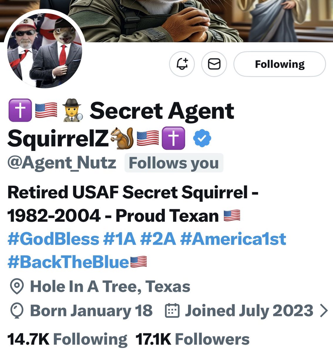 Here’s two to follow. Both outstanding people. 

<a href="/bandsmom1_no/">NoSadEyes -Cindy</a> 

<a href="/Agent_Nutz/">✝️🇺🇸🕵️ Secret Agent SquirrelZ🐿️🇺🇸✝️</a>